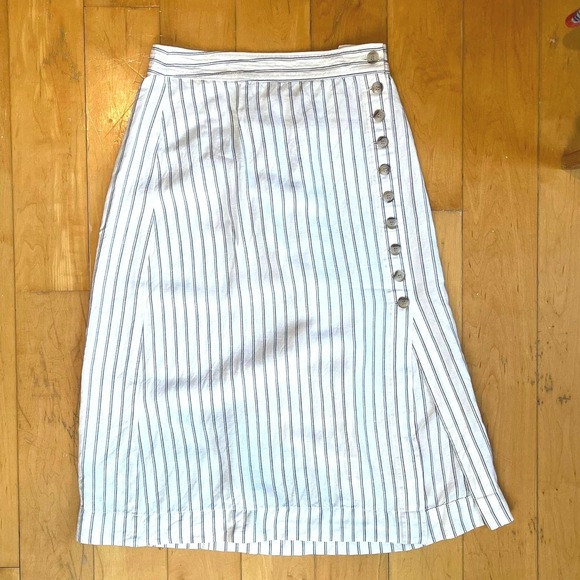 Madewell Linen Blend Pinstripe Side-Button Midi Skirt | Size 0 | Coastal Summer - Picture 2 of 6